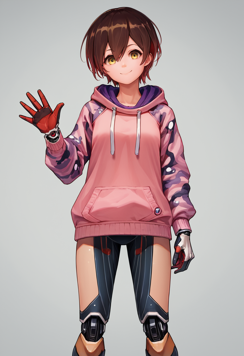 score_9, score_8_up, score_7_up, source_anime, simple background, white background, solo, 1girl, roboco1st, android, mechanical arms, smile, looking at viewer, standing, waving, short hair, pink hoodie, hood down, camouflage, drawstring, long sleeves, gloves, no pants, mechanical legs <lora:hololive_roboco-san_ponyXL:1>