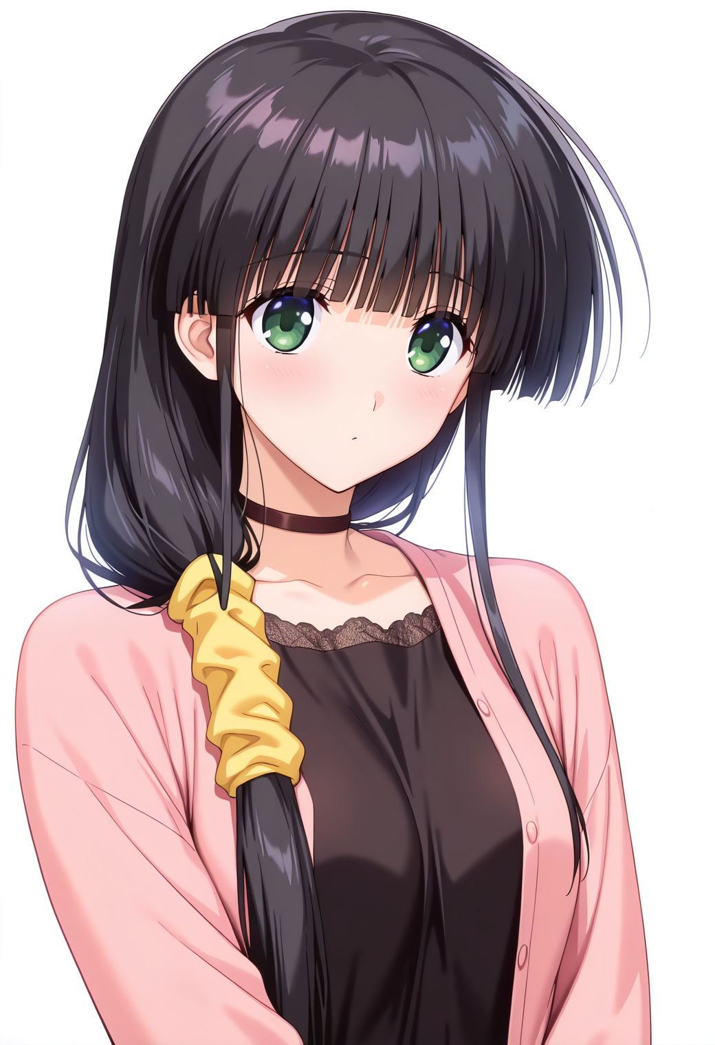 masterpiece, best quality, very aesthetic, absurdres, 1girl, solo,
<lora:hasebe_aya_v01:0.9>, hasebe_aya, aya_casual2, black hair, low-tied long hair, ponytail, hair over shoulder, blunt bangs, sidelocks, green eyes,
yellow scrunchie, choker, pink cardigan, long sleeves, black dress, posing, upper body