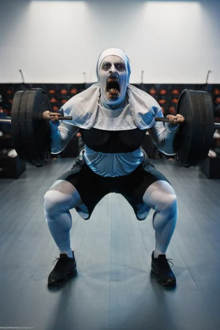 scarynun doing squats in a powerrack, <lora:theNun_v10:1>, (ultra-wide angle photo, studio lighting, hard light, Fujifilm X100V, hyperrealistic, big depth of field, colors, hyperdetailed)