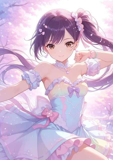 <lora:Liu_IL:1>, purple hair, long hair, side ponytail, bangs, brown eyes, hair ornament, ribbon, mole, mole under eye, jewelry, dress, purple hair, earrings, bracelet, breasts, hair ornament, strapless, scrunchie, frills, strapless dress,,
(pastel colors,colorful:1.4), BREAK
masterpiece, best quality, amazing quality, very aesthetic, absurdres, newest,
<lora:Eyes_High_Definition:0.6>, eyesHD, high gradient eyes, detailed eyes, high definition eyes,
<lora:LECO_Particles:1>,
BREAK, general, dutch angle, oblique view, light smile, dynamic pose,