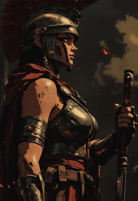 Female Roman soldier, Revenant, war paint, face paint, eye black, glowing eyes, in profile, toned arms, braided hair, battle damaged armor, large breasts, breast plate, dark and moody background, adds a dramatic tone, subtle lighting reflections, ray traced, foreshortening, particle effect, Holding a sword,