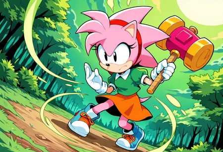 masterpiece, best quality, amazing quality, dynamic angle, dutch angle, abstract background, BREAK, ClassicAmyRose, 1girl, sonic the hedgehog, pink spiky hair, pink fur, peach muzzle, large black eyes, red headband, green, short puffy sleeved shirt, white collar, orange skirt, white gloves, blue shoes, orange shoelaces, short body, Holding Piko Hammer, Forest Background, Fight Stance,
