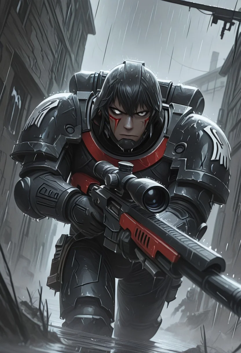masterpiece, best quality, high quality, newest, highres,8K,HDR,absurdres, dynamic angle, realistic, 1boy, wearing edgRG_(power armor), pauldrons, raven emblem, solo, 1boy, Raven, a handsome man, black hair, black eyes, perfect eyes, holding a sniper, broken window, silhouette, creepy, backlit, haunted, lightnings and thunders, rain, rainy, fog, mist, cold, dutch angle, dark interior, solo, close up, mid shot, dutch angle, <lora:edgIllustriousXL_Raven_Guard:1>
