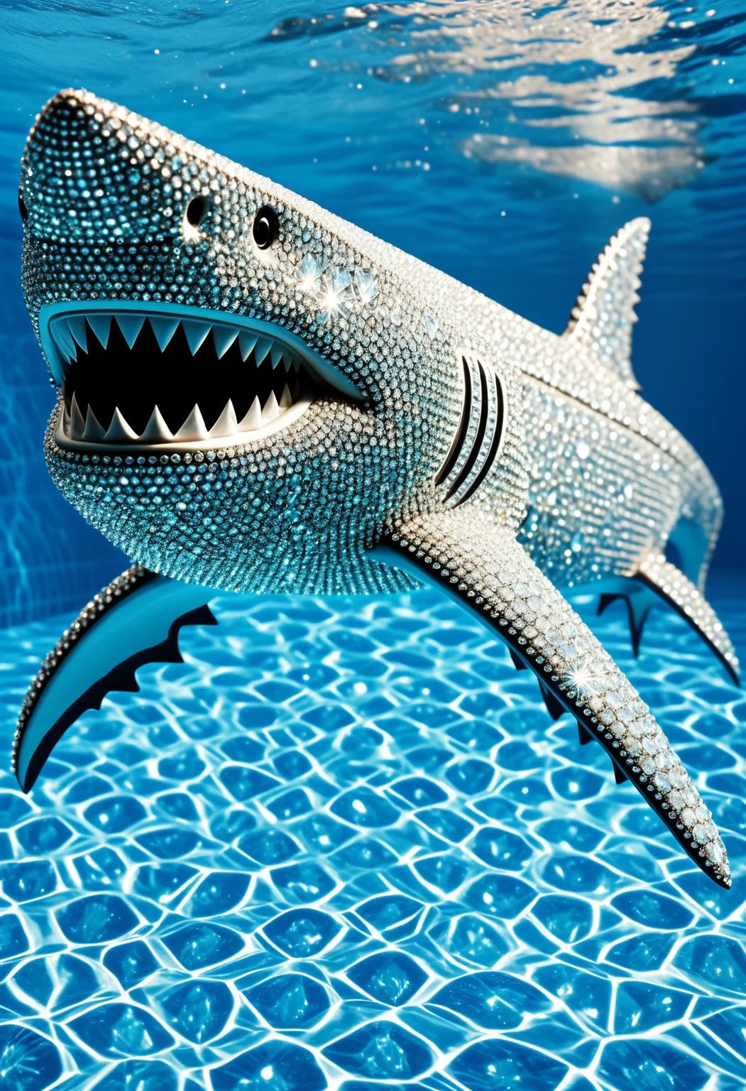 dimond encrusted shark, swimming in swimming pool, big smile,
diamondMW, countless diamonds