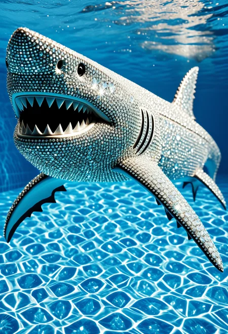dimond encrusted shark, swimming in swimming pool, big smile,
diamondMW, countless diamonds