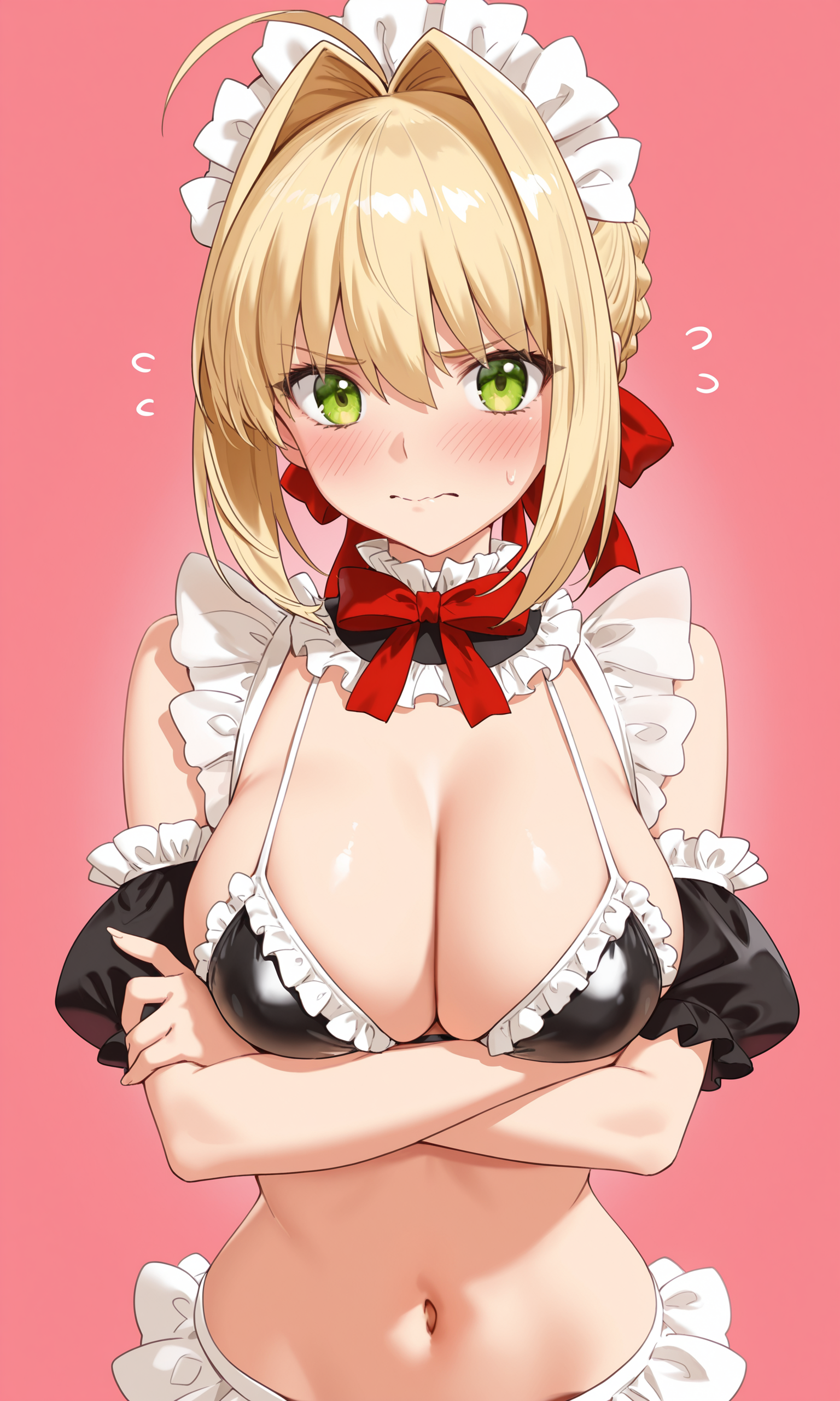masterpiece, best quality, high resolution, absurdres, 1girl, oranyd, nero_claudius_(fate), maid_bikini, frills, crossed_arms, embarrassed, looking_at_viewer, pink_background, navel, upper_body