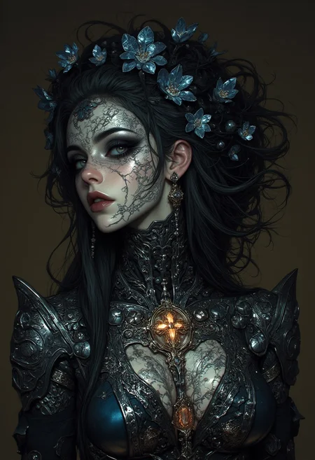 Silver statue of a woman, her skin composed of delicate, textured silver flakes, with chrome and glass flowers intricately woven into her hair, her eyes gleaming with a warm, bluish light, wearing a majestic, windy-blown ornate gown with tattered, silver petals, reminiscent of a dark, dystopian world, her face and shoulders illuminated by a soft, ambient glow, as if radiating an otherworldly energy, The backdrop is a very dark. In the styles of Royo's dark, mystical realism, Artgerm's hyper-detailed, metallic sheen, and Lovecraft's eerie, atmospheric tension, with meticulous attention to intricate textures, dramatic shading, and a sense of haunting, ethereal beauty.