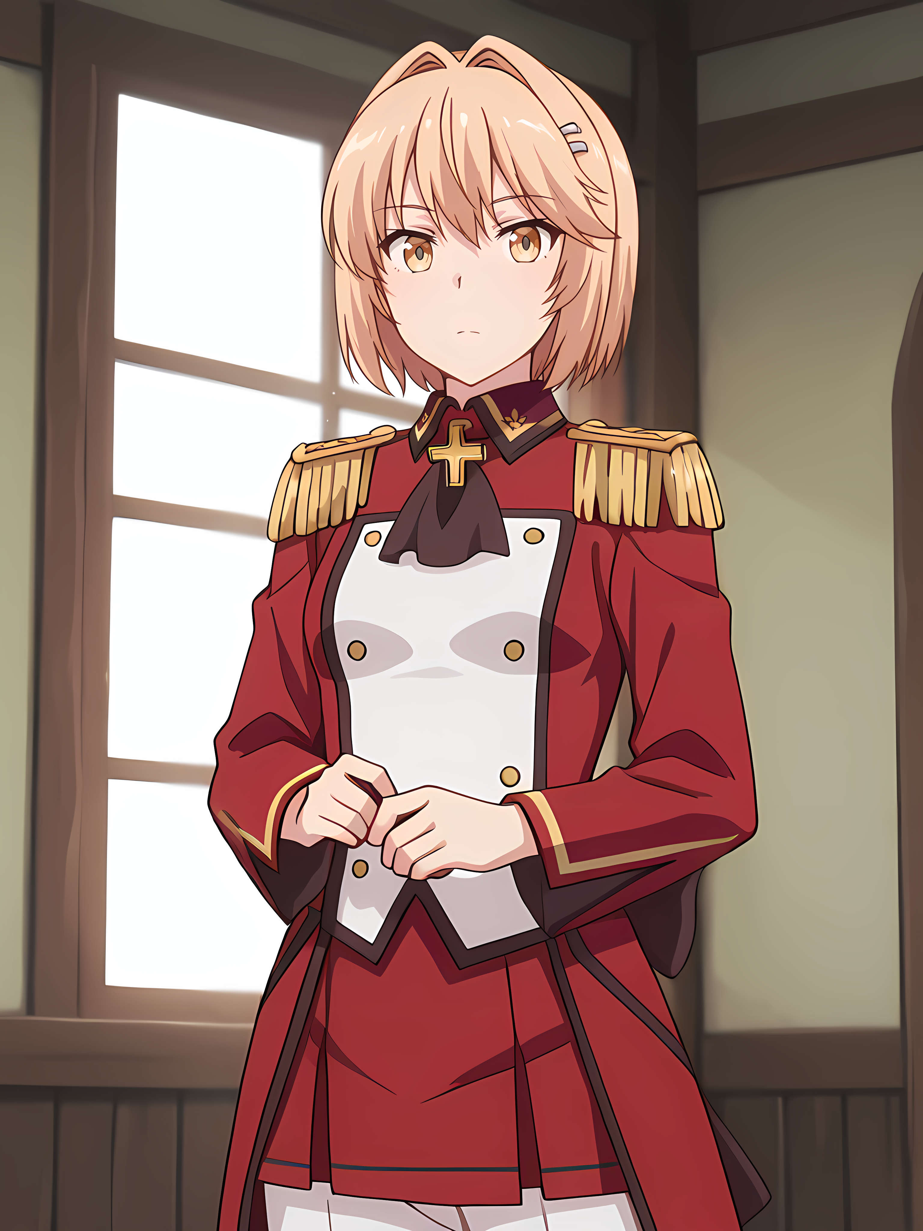 masterpiece, very aesthetic, absurdres, best quality, high quality, cinematic shadow,  <lora:personalami_style_illustrious_v1:0.5> pamistyle,character focus,perfect hands,small breasts, cowboy shot, <lora:HandFixer_pdxl_Incrs_v1:1> handfixer, <lora:liscia:1>,,liscia,blonde hair, bangs,hair intakes, yellow eyes, short hair,lisciadress,military uniform, epaulettes,hairclip,cross brosch, buttons, red long sleeves, red pleated skirt,white pants,   solo, looking at viewer,
