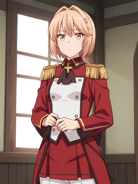 masterpiece, very aesthetic, absurdres, best quality, high quality, cinematic shadow, <lora:personalami_style_illustrious_v1:0.5> pamistyle,character focus,perfect hands,small breasts, cowboy shot, <lora:HandFixer_pdxl_Incrs_v1:1> handfixer, <lora:liscia:1>,,liscia,blonde hair, bangs,hair intakes, yellow eyes, short hair,lisciadress,military uniform, epaulettes,hairclip,cross brosch, buttons, red long sleeves, red pleated skirt,white pants, solo, looking at viewer,