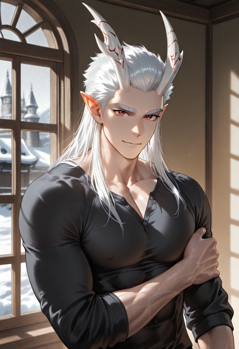 //General, masterpiece,best quality,amazing quality, source_anime, intricately detailed illustration, very aesthetic, absurdres, newest, anime coloring, subsurface scattering, , natural lighting, Expressiveh, detailed skin, shiny skin,aesthetics light, depth of field, vibrant colors,
//Fashion, black shirt, long sleeves, 
//Background, castle interior, indoors, snow background outside the window, 
//Others, 1boy, male focus, solo male, manly body, 
//Action, looking at viewer,  light smile, close up, upper body,
BREAK, aoguang,1man,red eyes,long white hair,thick eyebrows,sidelocks,horns,pointy ears,
