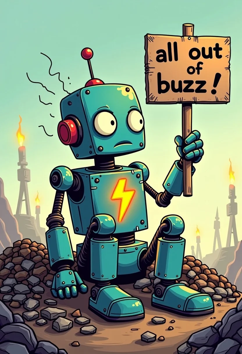 A cartoon styled drawing of a very sad, lonely robot. 
The robot sits alone on a scrap heap in a junk pile. The robots limbs are rusted and worn. Electricity crackles. A lighting bolt symbol, the buzz symbol is a dim light on the robots chest. The robot holds a cardboard sign, (text: “all out of buzz”)