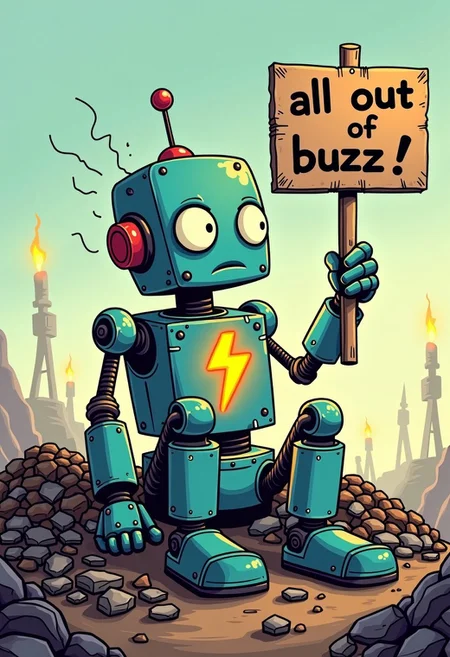 A cartoon styled drawing of a very sad, lonely robot.
The robot sits alone on a scrap heap in a junk pile. The robots limbs are rusted and worn. Electricity crackles. A lighting bolt symbol, the buzz symbol is a dim light on the robots chest. The robot holds a cardboard sign, (text: “all out of buzz”)