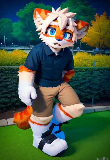 score_9_up, score_8_up, score_7_up, source_furry, mikus-sona, fursuit, furry focus, furry style, furry costume, anthropomorphic, anthro, milkytiger, tiger ears, tiger boy, white eyebrows, blue eyes, 1boy, solo, ((park, night))