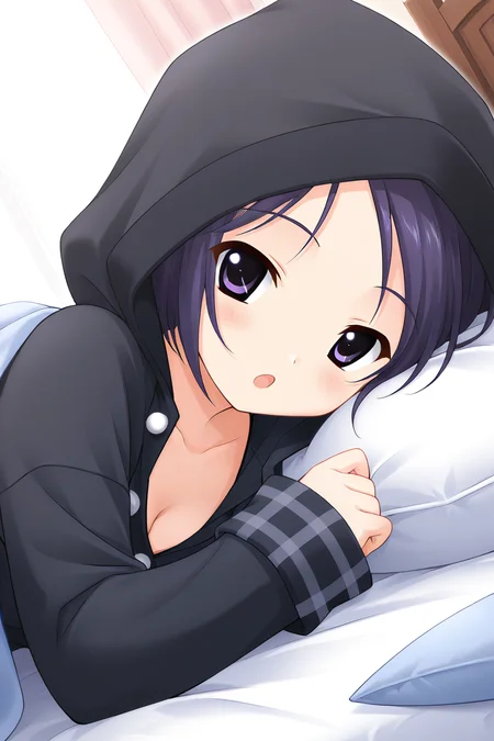masterpiece, best quality, absurdres, official art, official style, rating general BREAK <lora:katsurazawahonami_IL_v1-2:0.7>, katsurazawa honami, 1girl, solo, purple eyes, purple hair, short hair, bob cut, parted bangs, swept bangs, small breasts BREAK hood, lying, pajamas, pillow, on side, open mouth, blanket, under covers, blush, cleavage, looking at viewer, long sleeves, bed sheet, :o, upper body, collarbone, sleeves past wrists, close-up, hood up, small breasts, indoors, buttons, hooded coat, black hoodie, black coat, plaid cuffs, messy hair