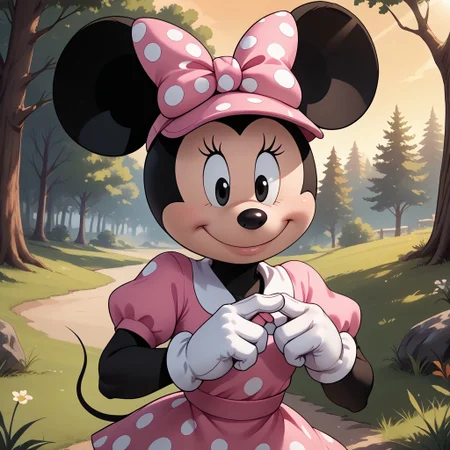 score_9, score_8, BREAK, solo, Minnie Mouse, Mouse ears, thin black mouse tail, black fur, white gloves, pink bow with white polka dots on head, black eyes, long eyelashes, black nose, black fur body, cream color face, sexy pose, self portrait, smile, outdoors, sunlight, shadows, evening lighting, natural lighting, forest, trees, grass, orange sky, sunset