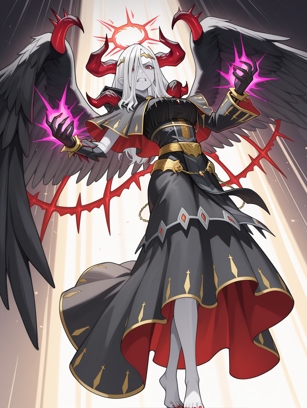 fallen angel, condemned darklord, 1girl, solo, sketch, light rays, clenched teeth, red nails, purple energy, sharp toenails, barefoot, white skin, red halo, gold circlet, black gloves, black feathered wings, black dress, black capelet, full body,
masterpiece,best quality,amazing quality,very aesthetic,absurdres,newest,<lora:Condemned Darklord illuXL v1.1:0.75>,