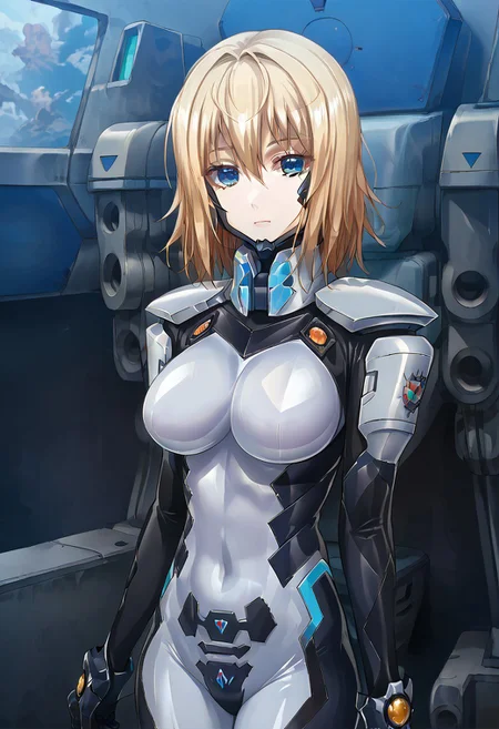 score_9, score_8_up, score_7_up, source_anime, olivia, blonde hair, medium hair, blue eyes, bluetype99fortifiedsuit, (white fortified suit), pilot suit, (white armored bodysuit), impossible bodysuit, skin tight, (white bodysuit), shiny clothes, chin guard, headgear, looking at viewer, solo, large breasts,