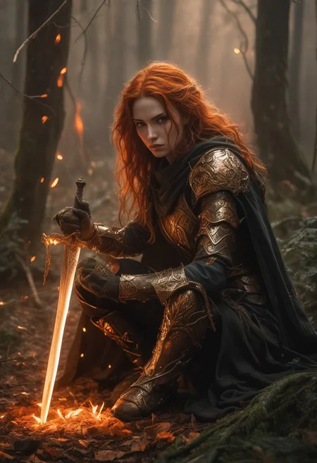 A dramatic shot unfolds: a fierce female warrior crouches low, sword in hand, ablaze with fiery orange light that accentuates golden designs. Her rugged expression and red tousled hair flow freely amidst metallic armor and dark cloak. Twilight forest looms, shrouded in misty veil, with glowing embers casting an ethereal glow on the earthy tones of browns, oranges, and golds. Dark greens and grays of the forest contrast, conjuring a mystical, intense atmosphere.