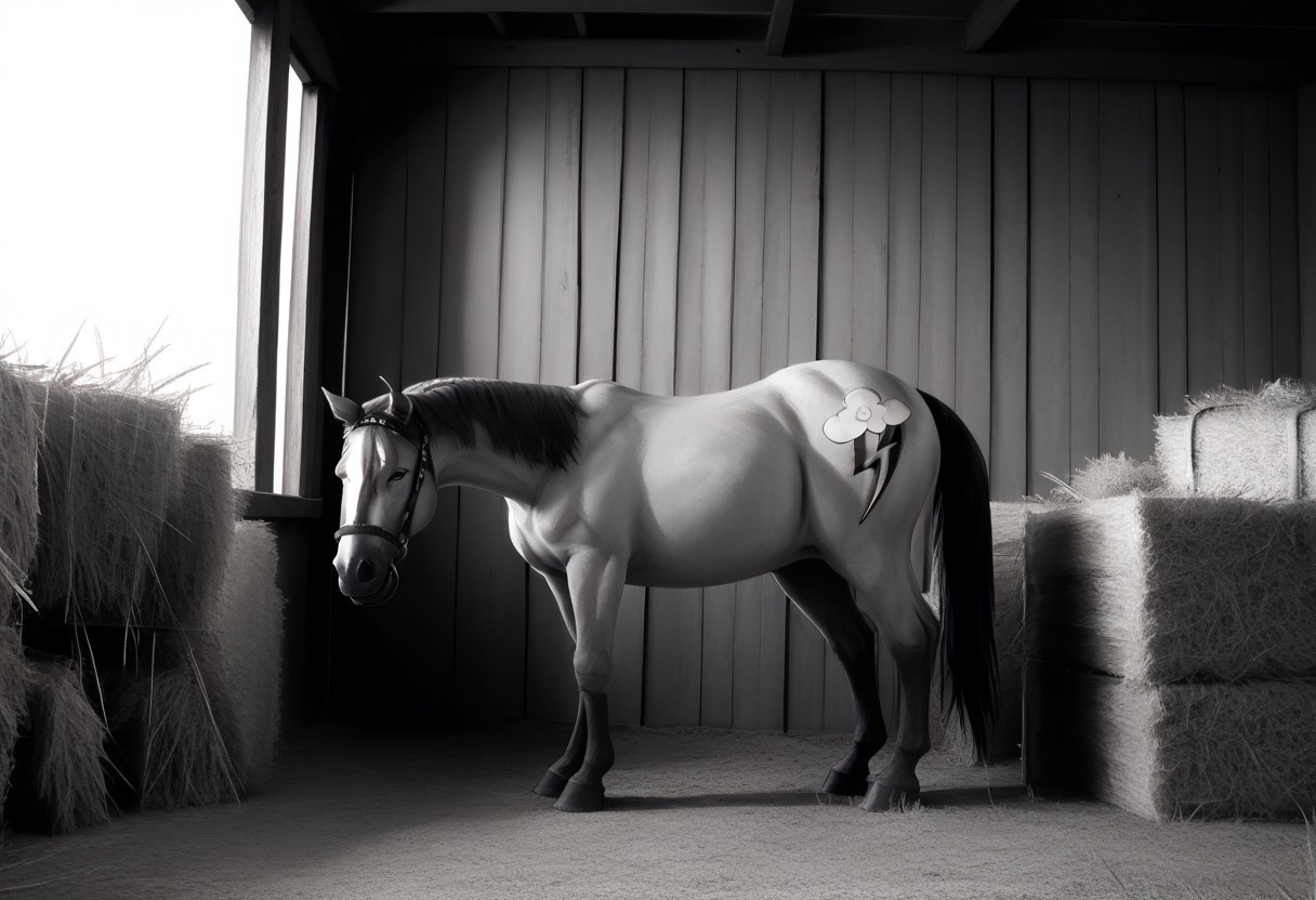 rating_safe,photo,realistic,cinmatic,monochrome,grayscale,black and white,cropped,portrait of rainbow dash in a barn with a hay bale,1horse