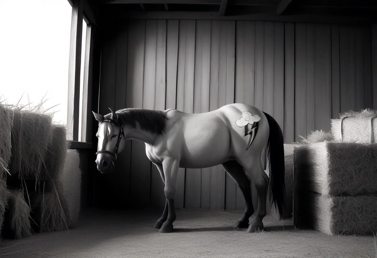 rating_safe,photo,realistic,cinmatic,monochrome,grayscale,black and white,cropped,portrait of rainbow dash in a barn with a hay bale,1horse