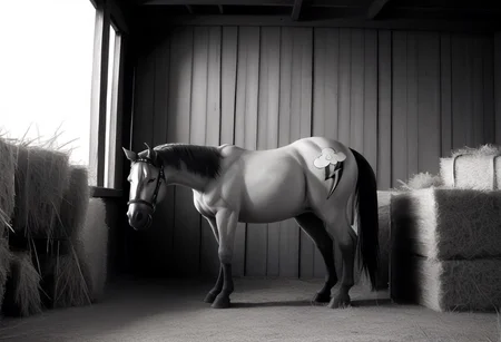 rating_safe,photo,realistic,cinmatic,monochrome,grayscale,black and white,cropped,portrait of rainbow dash in a barn with a hay bale,1horse