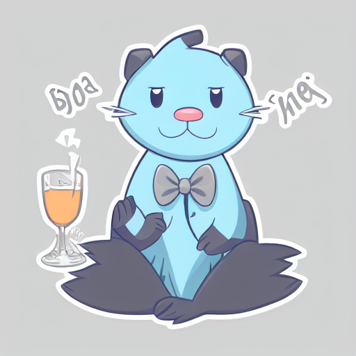 character name, bow, cloud, fang out, bowtie, white border, grey background, otter, drinking glass, sky, animal focus, on stomach