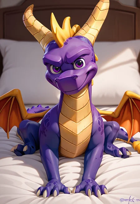 score_9, score_8_up, score_7_up, score_6_up, score_5_up, score_4_up, solo, rating_safe, source_furry, 1boy, bedroom, smile, full body, laying,
,
solo, dragon, horns, purple eyes, wings, claws
,
by_dreiker