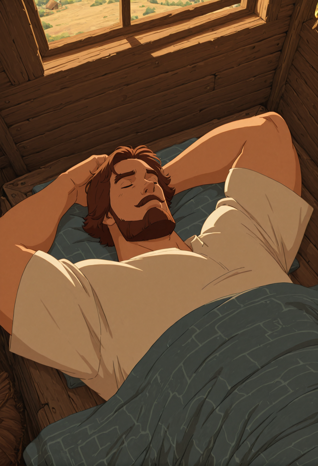 anime artwork concept art (masterpiece,best quality,amazing quality,absurdres), muscular, slavic theme, 
<lora:iluha:0.8> iluha, 1boy, male focus, beard, brown hair, solo, facial hair, mustache, short hair, thick eyebrows, white shirt,
 <lora:NOOB_vp1_detailer_by_volnovik_v1:1> <lora:illustrious_quality_modifiers_masterpieces_v1:1>  <lora:illustrious_h_v2:0.5> <lora:DarkerThanBlackIllustrious:0.7> (lying :1.2), under a blanket, eyes closed, village, sun, wooden window, wooden hut, from above,  . digital artwork, illustrative, painterly, matte painting, highly detailed . anime style, vibrant, studio anime, highly detailed