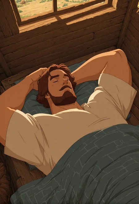 anime artwork concept art (masterpiece,best quality,amazing quality,absurdres), muscular, slavic theme, 
<lora:iluha:0.8> iluha, 1boy, male focus, beard, brown hair, solo, facial hair, mustache, short hair, thick eyebrows, white shirt,
 <lora:NOOB_vp1_detailer_by_volnovik_v1:1> <lora:illustrious_quality_modifiers_masterpieces_v1:1>  <lora:illustrious_h_v2:0.5> <lora:DarkerThanBlackIllustrious:0.7> (lying :1.2), under a blanket, eyes closed, village, sun, wooden window, wooden hut, from above,  . digital artwork, illustrative, painterly, matte painting, highly detailed . anime style, vibrant, studio anime, highly detailed