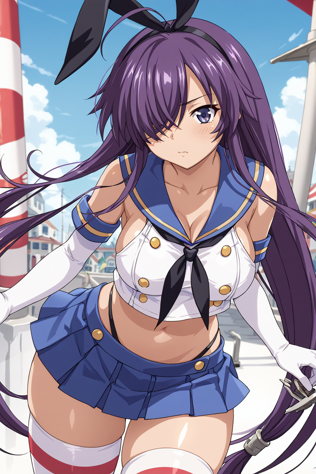 score_9, score_8_up, score_7_up, BREAK source_anime, masterpiece, anime screencap, shiny skin, thick thighs,
1girl, kan'u unchou, very long hair, ahoge, purple hair, blue eyes, hair between eyes, hair over one eye, large breasts,  <lora:kan'u_pony-000019:0.9>
shimakaze,