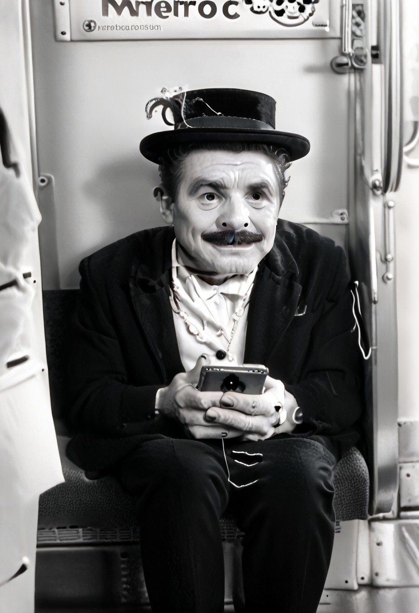 (((black and white, legsonthetra1n, from front, sitting across from viewer, train interior, holding phone, leg focus))),((small man with mustache, top hat, kenbis, chibi, chibi, male only, male, male chibi, monocle, art deco, thick mustache, comically large mustache, handlebar mustache, tiny, multiple men, shrunk, microxl, some little guys,  high angle, from above)), bwMovies, realistic, photo, vintage photo, ((very small man, small man, a small man, a man who is small, a small man)), an unapologetically small human male, black and white, smiling, very happy, euphoric, ecstatic, wonderful small men, large smile, huge smile