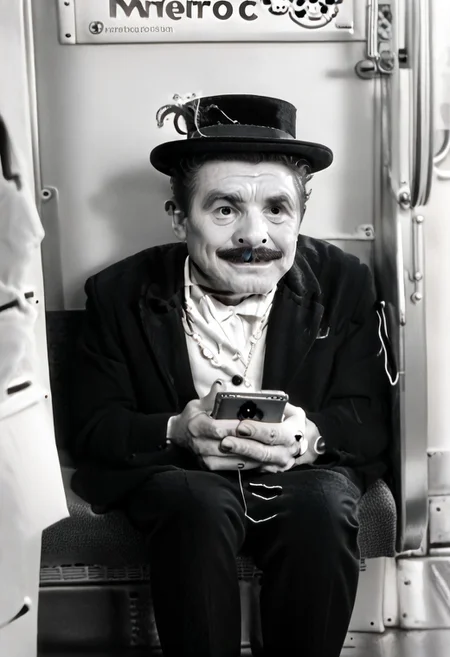 (((black and white, legsonthetra1n, from front, sitting across from viewer, train interior, holding phone, leg focus))),((small man with mustache, top hat, kenbis, chibi, chibi, male only, male, male chibi, monocle, art deco, thick mustache, comically large mustache, handlebar mustache, tiny, multiple men, shrunk, microxl, some little guys, high angle, from above)), bwMovies, realistic, photo, vintage photo, ((very small man, small man, a small man, a man who is small, a small man)), an unapologetically small human male, black and white, smiling, very happy, euphoric, ecstatic, wonderful small men, large smile, huge smile