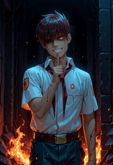 anime artwork concept art masterpiece, best quality,
<lora:sembl:1> psembl, 1boy, solo, male focus, brown hair, faceless, white shirt, short sleeves, necktie , hair over eyes, belt, shaded face, closed mouth, grin, blood <lora:dark_v1.9-pony:1> <lora:NOOB_vp1_detailer_by_volnovik_v1:1>
war landscape, glowing, (glowing eye), hair between eyes, looking at viewer, , peeking, red eyes, symbol-shaped pupils, (smile), teeth, (shushing), black background, dark background, masterpiece, best quality, amazing quality, very awa, absurdres, very aesthetic, year 2024 <lora:cfg_scale_boost:1> A building is burning in the distance, blue shorts, . digital artwork, illustrative, painterly, matte painting, highly detailed . anime style, vibrant, studio anime, highly detailed