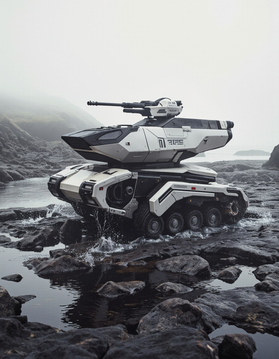 A futuristic armored vehicle with a sleek and sleek design, featuring a combination of white and black colors. it has a large gun mounted on the top, and is positioned in the middle of the image, with water splashing around it. the vehicle has a futuristic, armored look with a low-slung body and a sleek, angular design. it is positioned on a rocky shore, with a misty, foggy background, giving it a sense of depth and atmosphere. the overall design is reminiscent of sci-fi and futuristic technology, with intricate details and a focus on the vehicle's design and technology.