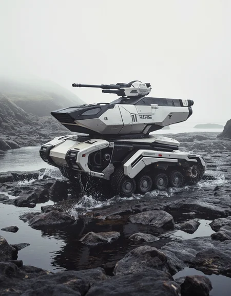 A futuristic armored vehicle with a sleek and sleek design, featuring a combination of white and black colors. it has a large gun mounted on the top, and is positioned in the middle of the image, with water splashing around it. the vehicle has a futuristic, armored look with a low-slung body and a sleek, angular design. it is positioned on a rocky shore, with a misty, foggy background, giving it a sense of depth and atmosphere. the overall design is reminiscent of sci-fi and futuristic technology, with intricate details and a focus on the vehicle's design and technology.