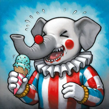solo, lukch, no humans, painting_\(medium\), upper body, elephant, eating ice cream, imminent eating, open mouth, sharp teeth, excited, > <, flying sweatdrops, clown outfit, [neck ruff],
painting_\(medium\), traditional media, best quality, absurdres, [dynamic pose]