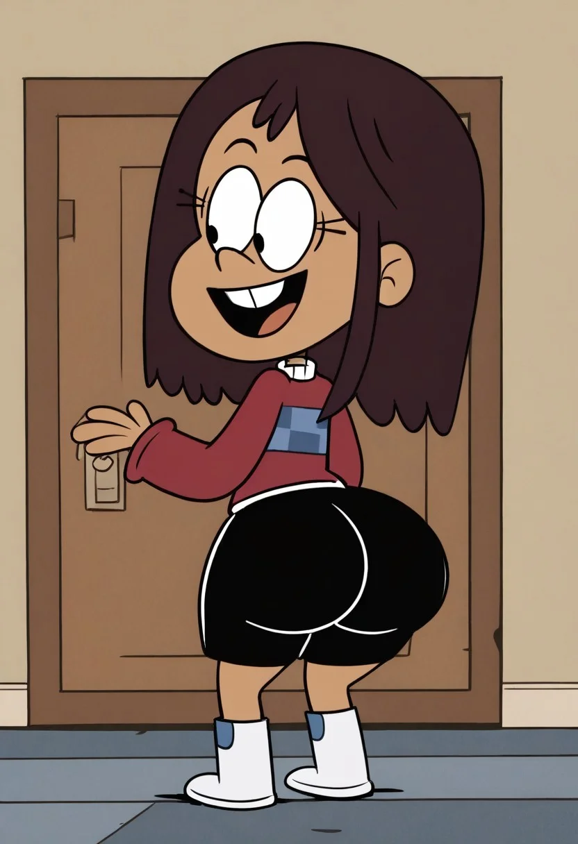 (score_9 | score_8_up | score_7_up) ((masterpiece:1))(best quality,very high quality,ultra detailed:1.2) (2D,cartoon style,anime style)(Smooth:2)(clean blurring) (four fingers on each hand,one thumb on each hand:1), Kara, solo, 1girl, dark-skinned, dark brown hair, shoulder-length hair, two eyelashes, buck teeth, dark red sweater with a blue checkered chest stripe and a white collar, black shorts, white ankle boots, full body, SB99 style, butt, mega butt, HUGE Butt, joyfull, happy, glee