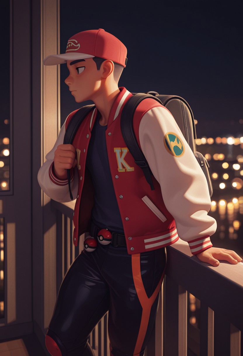 masterpiece, best quality, absurdres, highres, high quality, highly detailed, official art, gloss_(hotglossed), Hoovesart, pixelsketcher, 3d, stylized realism, (bokeh:1.1), no lineart, balcony overlooking an opulent coastal city at night, 
1male, solo, detailed face, letterman jacket, oversized jacket, biking pants, side view, leaning on balcony, pokeballs attached to belt slung over shoulder, looking at city, soft lighting on male, rim lighting, backpack, cap