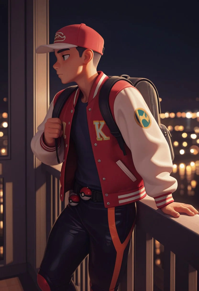 masterpiece, best quality, absurdres, highres, high quality, highly detailed, official art, gloss_(hotglossed), Hoovesart, pixelsketcher, 3d, stylized realism, (bokeh:1.1), no lineart, balcony overlooking an opulent coastal city at night,
1male, solo, detailed face, letterman jacket, oversized jacket, biking pants, side view, leaning on balcony, pokeballs attached to belt slung over shoulder, looking at city, soft lighting on male, rim lighting, backpack, cap