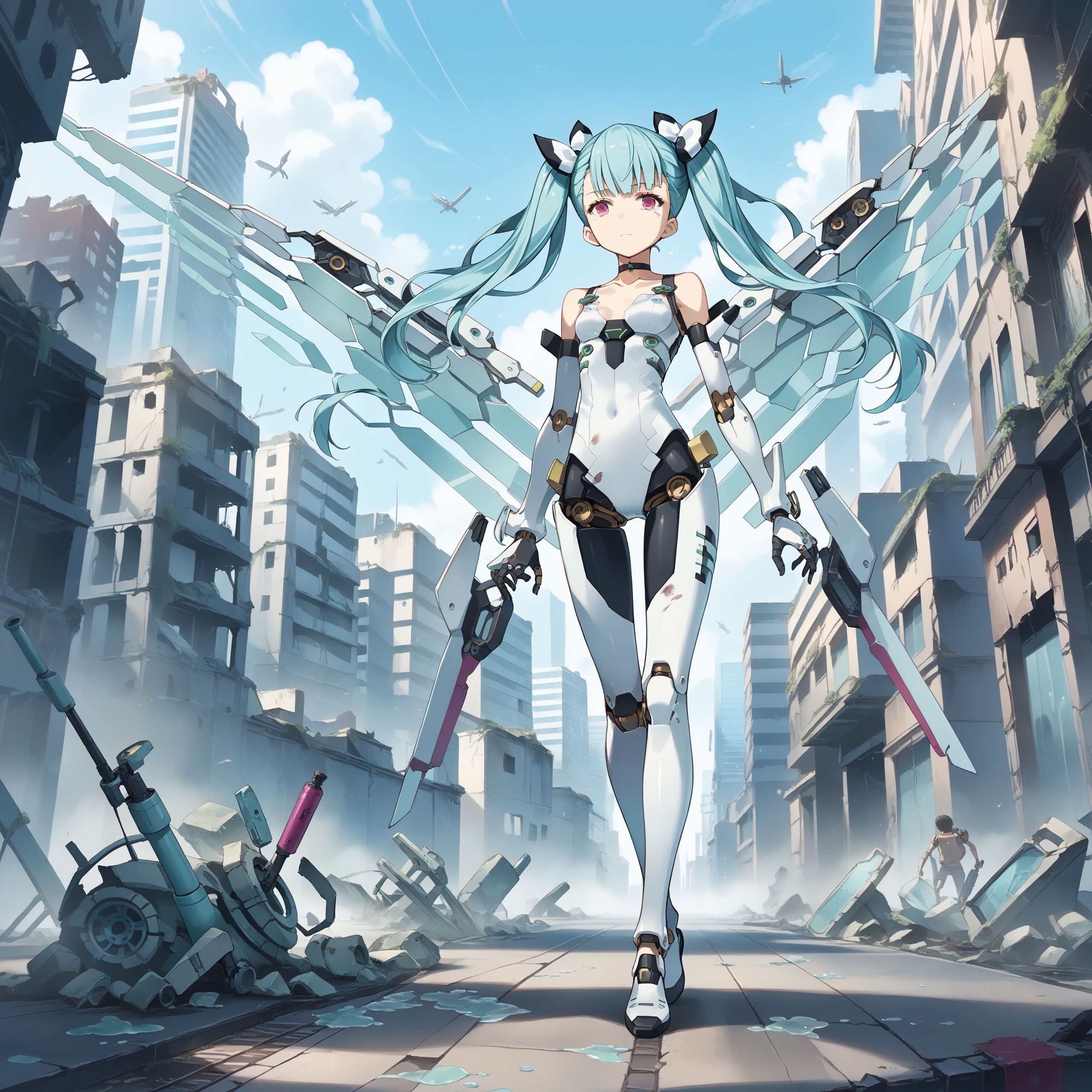 score_max, (score_9, score_8_up, score_7_up:1.2), score_6_up, official art, source_anime,
, masterpiece, absurdres, high detail, 8k,
city ruins, street, skyscraper, android, cyborg,
walking, expressionless, tears, oil,
solo, ddphibachi, hibachi, hair bow, twintails, quad tails, choker, nude, doll joints,  bodysuit, damaged, machinery, wings,
<lora:XL_Pony_gomaotsu-hibachi-t3:1>