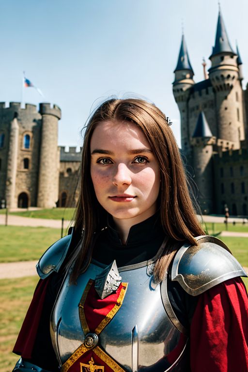 An up angle photo portrait of a 25-year-old woman, (medieval armor), metal reflections, outdoors, contrasting side sunlight, far away castle, eye contact, bokeh, blurry background, crest on chest, (a red banner), (skin blemishes and freckles:0.6)