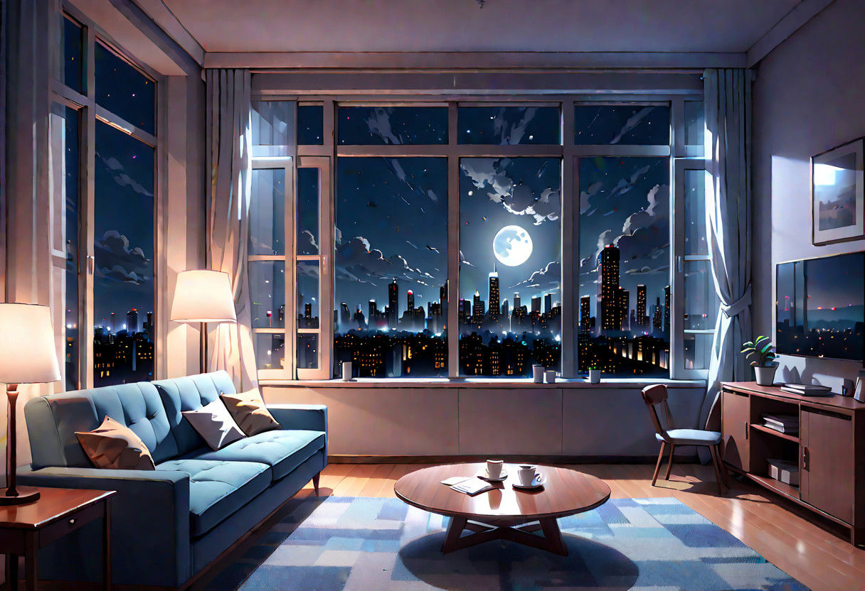 ((((front view)))), Shallow scene, ((animation style)), (((City high-rise building scenery))), ((((City scenery outside the window)))), ((sense of mystery)), (night), starry sky, moonlight, (weak warm light), (Facing the window), (open window), modern-style interior,  (sofa and coffee table by the window sill), Wooden floor, with white walls, (large windows), carpet, a living room, (((Sofa placed horizontally))), (Behind the sofa is the window sill),