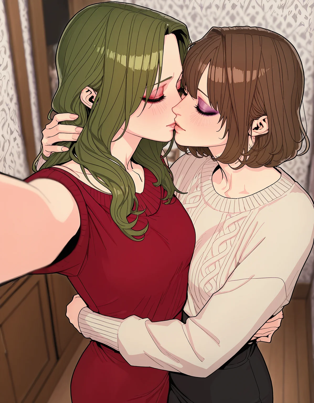 masterpiece, best quality,high quality, newest, highres,absurdres,<lora:Zinc_Park_style:1>, Zinc_Park_illu, 2girls, yuri, brown hair, kiss, sweater, dress, closed eyes, hug, red dress, long hair, green hair, short hair, blurry background, blurry, makeup,depth of field, foreshortening,