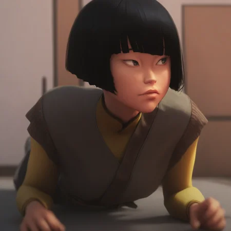 Kairi-Imahara, Main outfit, 1girl, solo, black hair, short hair, on stomach, lying, bangs, bob cut, blunt bangs, blurry, looking to the side, lips, masterpiece, best quality