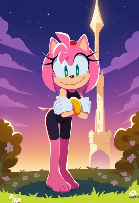 score_9,score_8_up,score_7_up, solo, 1girl, black sports bra, black short shorts, midriff, pose, <lora:sonicchannelv22-15:0.9> , sonic channel (style), castle, tower, outdoors, starry sky, night, grass, bush, flower, amy rose, red headband, pink fur, happy, leaning forward, white gloves, full body, gold bracelet, looking down, heavy breathing, (wavy mouth, sweatdrop, trembling, crossed arms, nervous), ((constricted pupils)), white pupils, barefoot