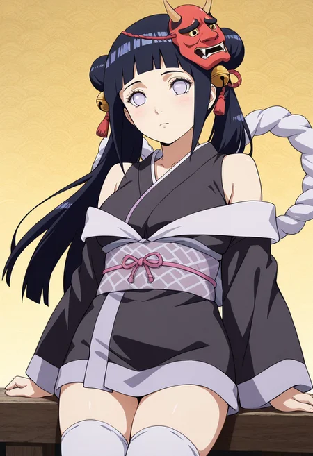 (hinata, 1girl, hyuuga hinata, purple eyes,white eyes, blunt bangs), long hair, double bun, black kimono, short kimono, hair bell, obi, shimenawa, white thighhighs, bare shoulders, long sleeves, oni mask, mask on head, masterpiece, best quality,