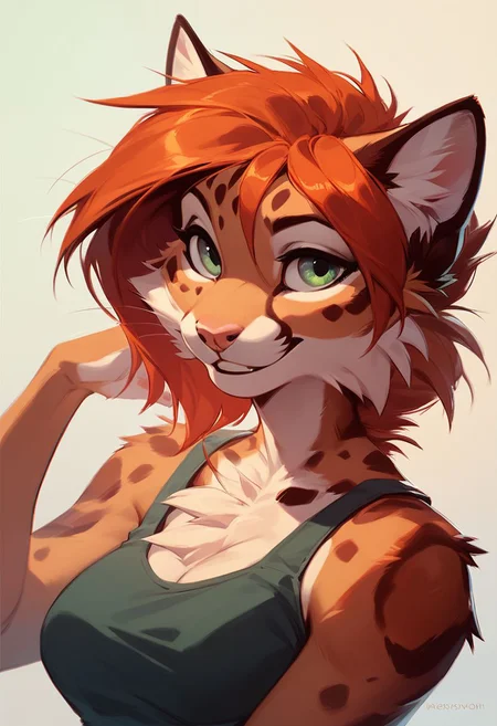 score_9, score_8_up, score_8, 1girl, anthro cat, red hair, green eyes, Medium breasts, smooth, smiling, black tank top, portrait, highly detailed, perfect, high quality, posing