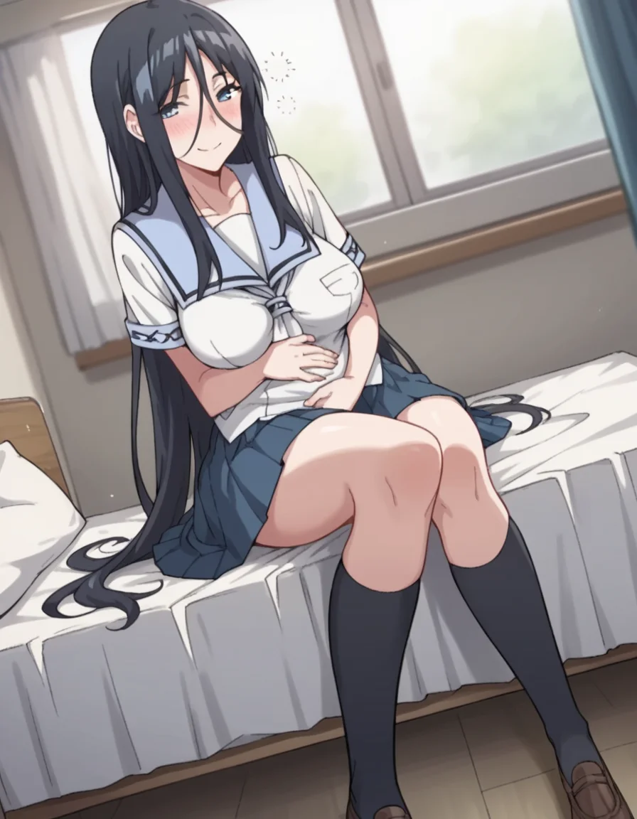 score_9, score_8_up, score_7_up, source_anime, <lora:misa-suzuhara-ova-ponyxl-lora-nochekaiser:1>, misa suzuhara, long hair, black hair, very long hair, hair between eyes, large breasts,, skirt, school uniform, pleated skirt, serafuku, socks,, indoors, bed, bed room, on side, blush, drunk,, smile, looking at viewer, hand on stomach, blush,, solo,, dutch angle,