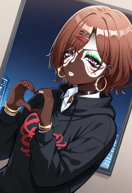Score_9,score_8_up,score_7_up,score_6_up,source_anime,masterpiece, best quality, 4k, absurdres, 8k,detail,1girl,solo,neon glow,hoop earrings,dark-skinned female,ggr,(jet-black skin:1.2) BREAK
(yamanba, white facepaint makeup:1.3),face stickers,star stickers, heart stickers, eyeshadow, very dark skin, (glitter, long thick eyelashes),(green makeup),  BREAK
higuchi madoka, short hair, brown hair, purple eyes, hairpin, BREAK 
white shirt, collared shirt, hood, sweater, open black hoodie, collared shirt, gold bracelets, necklaces,choker,accessories, hair ornament,
4-finger heart hands,sideways,
(indoors:1.1),(night:1.2),room, (upper body), Dutch Angle Shot, (dynamic pose:1.2), face focus, eyes focus, BREAK 
Expressiveh,half-closed eyes, horny face, irritable, frowning,  BREAK OverallDetail,Frontlight,