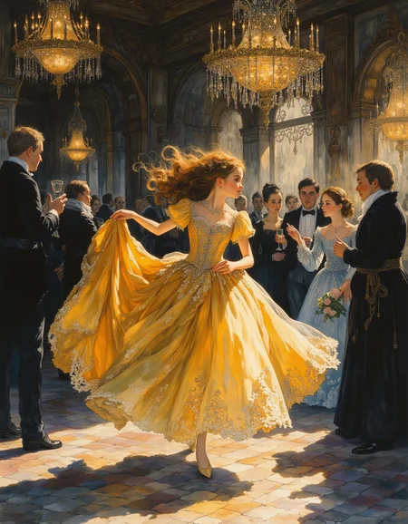 Studio Ghibli Dark Fairytale, masterpiece, high quality, Oil Painting, Hyper-realistic, A radiant young teenage princess, dressed in an opulent ball gown adorned with shimmering gemstones and intricate embroidery, runs excitedly into a grand ballroom. Her golden curls bounce with each hurried step, and her wide, sparkling eyes convey pure joy and anticipation. The ballroom is a vision of elegance—glowing chandeliers hang from a vaulted ceiling, casting warm golden light on polished marble floors. Noble guests in luxurious attire turn their heads, surprised by her energetic entrance, while musicians in the corner play a lively waltz. The air is filled with the scent of fresh roses and the soft rustle of satin and silk. The princess holds up her flowing gown slightly as she dashes forward, eager to join the enchanting celebration. Elaborate details, (2/3 rule composition:0.5), ultra detailed, romantic brush stroke, lovely, novuschroma, in the style of Rembrandt. del1cate_balance style, FS, vantablack <lora:Dark_Ghibli:.9> <lora:style_of_Rembrandt_FLUX_135:.5> <lora:- Flux1 - vanta_black_V2.0:.3> <lora:neeeg_f1:-1> <lora:Delicate_Balance:.3> <lora:FS_v2:.3>